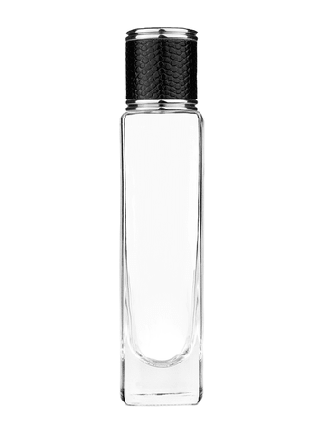 Slim design 50 ml, 1.7oz  clear glass bottle  with reducer and black faux leather cap.