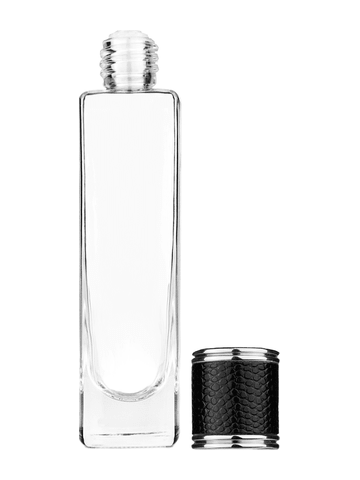 Slim design 50 ml, 1.7oz  clear glass bottle  with reducer and black faux leather cap.