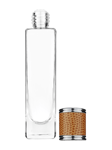 Slim design 50 ml, 1.7oz  clear glass bottle  with reducer and brown faux leather cap.