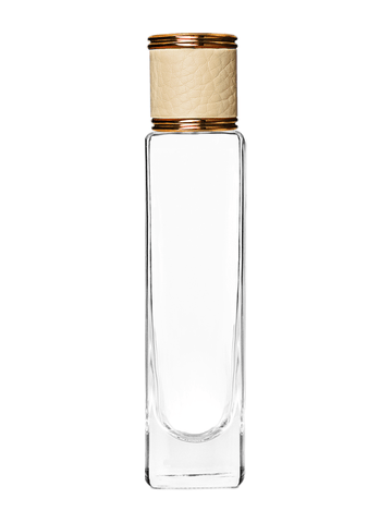 Slim design 50 ml, 1.7oz  clear glass bottle  with reducer and ivory faux leather cap.