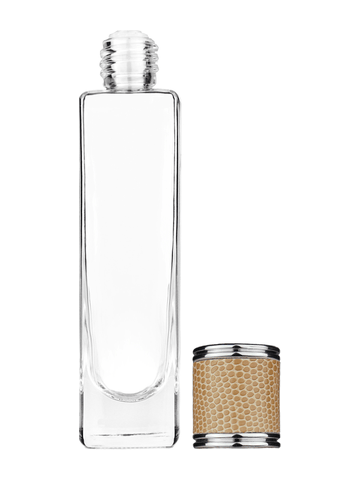 Slim design 50 ml, 1.7oz  clear glass bottle  with reducer and light brown faux leather cap.