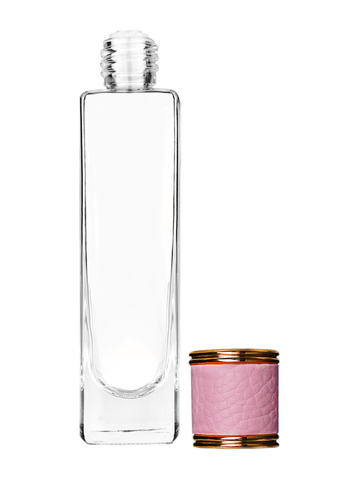 Slim design 50 ml, 1.7oz  clear glass bottle  with reducer and pink faux leather cap.