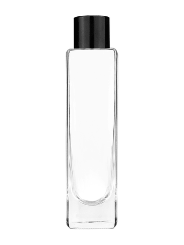 Slim design 50 ml, 1.7oz  clear glass bottle  with reducer and black shiny cap.