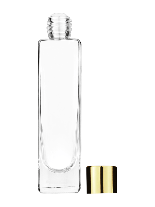 Slim design 50 ml, 1.7oz  clear glass bottle  with reducer and shiny gold cap.