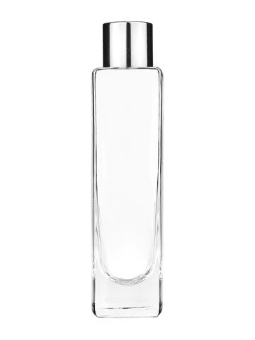 Slim design 50 ml, 1.7oz  clear glass bottle  with reducer and shiny silver cap.