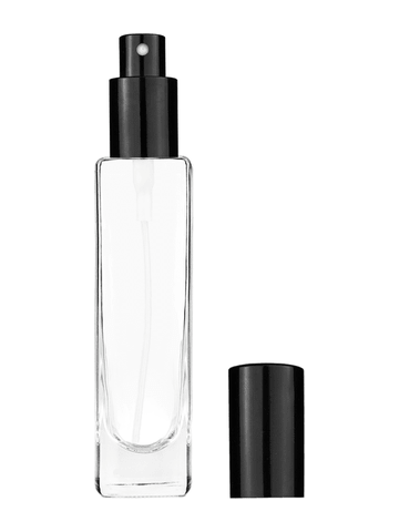 Slim design 50 ml, 1.7oz  clear glass bottle  with shiny black spray pump.