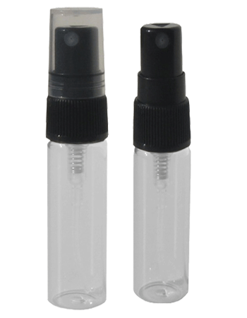 Clear Glass Bottle with Black Spray Pump and Clear Cap. Capacity: 4ml