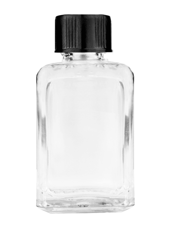 Square design 15ml, 1/2oz Clear glass bottle with short black ridged cap.