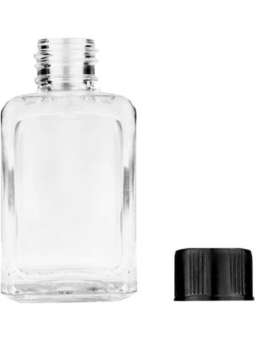 Square design 15ml, 1/2oz Clear glass bottle with short black ridged cap.