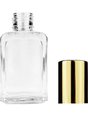 Square design 15ml, 1/2oz Clear glass bottle with shiny gold cap.