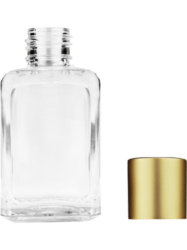 Empty Clear glass bottle with matte gold cap capacity: 15ml, 1/2oz. For use with perfume or fragrance oil, essential oils, aromatic oils and aromatherapy.