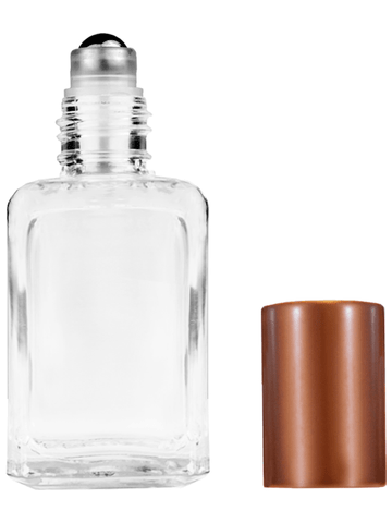 Square design 15ml, 1/2oz Clear glass bottle with metal roller ball plug and matte copper cap.