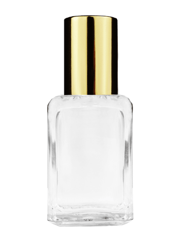 Square design 15ml, 1/2oz Clear glass bottle with metal roller ball plug and shiny gold cap.