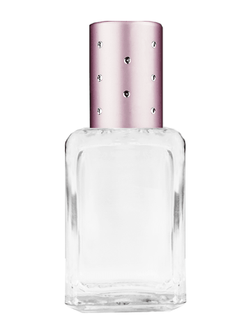 Square design 15ml, 1/2oz Clear glass bottle with metal roller ball plug and pink cap with dots.