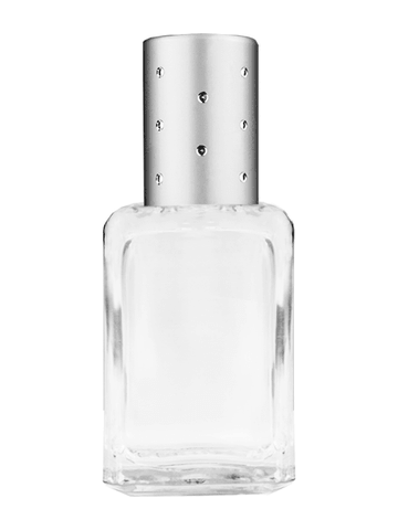 Square design 15ml, 1/2oz Clear glass bottle with metal roller ball plug and silver cap with dots.