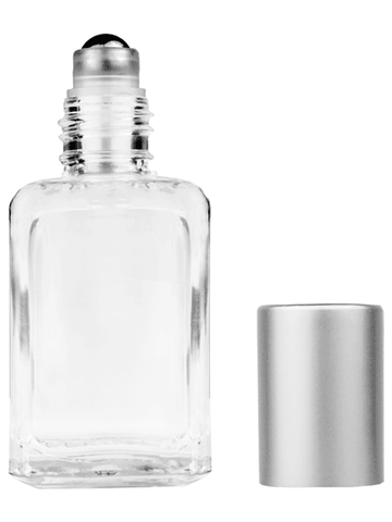 Square design 15ml, 1/2oz Clear glass bottle with metal roller ball plug and matte silver cap.