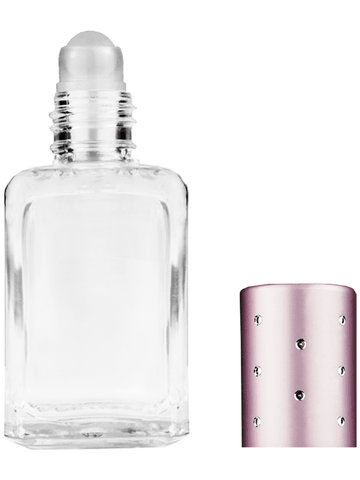 Square design 15ml, 1/2oz Clear glass bottle with plastic roller ball plug and pink cap with dots.