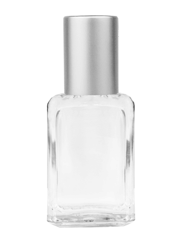 Square design 15ml, 1/2oz Clear glass bottle with plastic roller ball plug and matte silver cap.