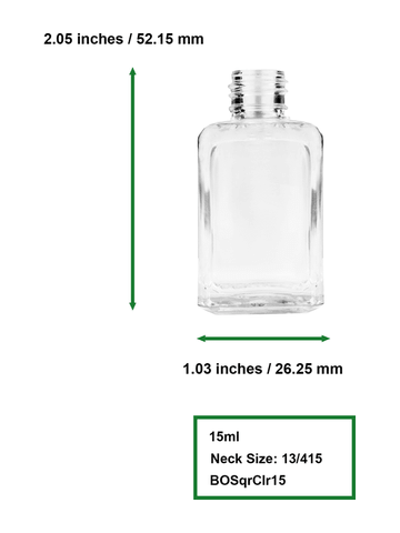 Square design 15ml, 1/2oz Clear glass bottle with shiny silver cap.