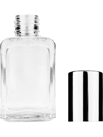 Square design 15ml, 1/2oz Clear glass bottle with shiny silver cap.