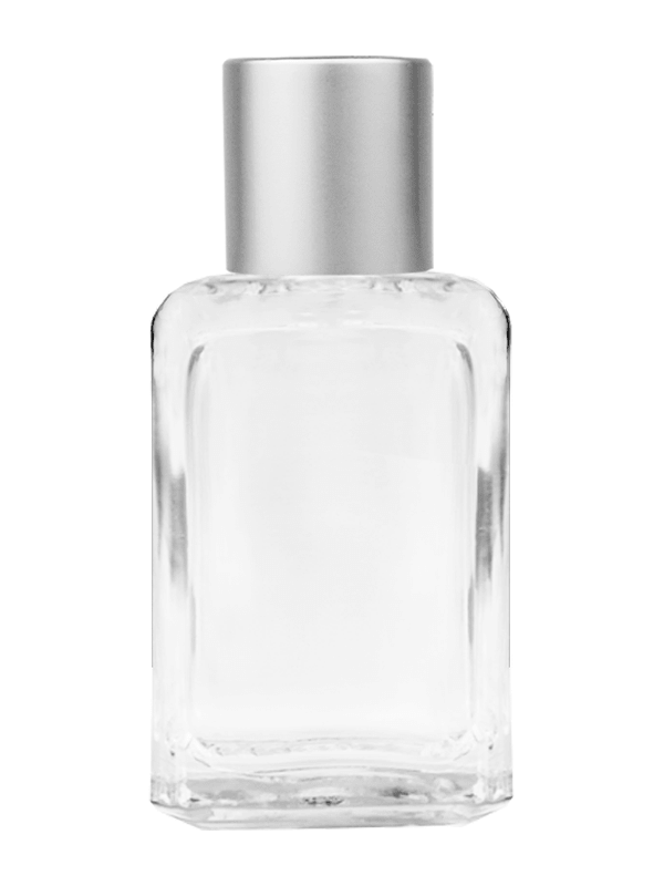 Empty Clear glass bottle with matte silver cap capacity: 15ml, 1/2oz. For use with perfume or fragrance oil, essential oils, aromatic oils and aromatherapy.