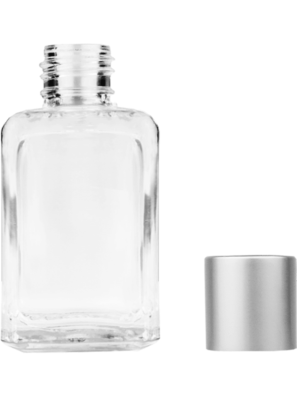 Empty Clear glass bottle with matte silver cap capacity: 15ml, 1/2oz. For use with perfume or fragrance oil, essential oils, aromatic oils and aromatherapy.