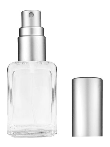 Square design 15ml, 1/2oz Clear glass bottle with matte silver spray.