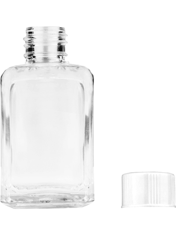 Square design 15ml, 1/2oz Clear glass bottle with short white cap.