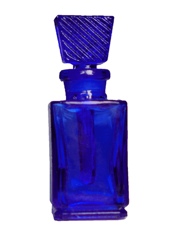 Blue glass rectangular shaped bottle with glass stopper. Capacity : 9ml (1/3oz)