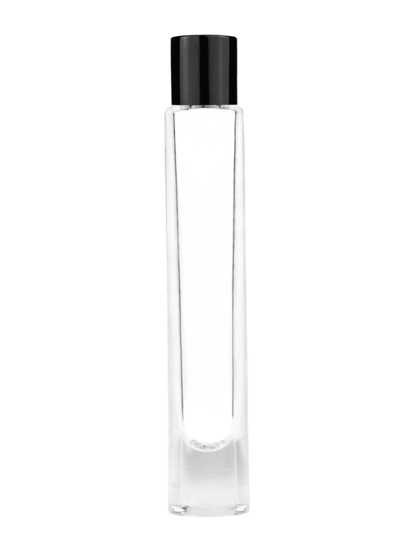 Empty Clear glass bottle with short shiny black cap capacity: 9ml, 1/3oz. For use with perfume or fragrance oil, essential oils, aromatic oils and aromatherapy.