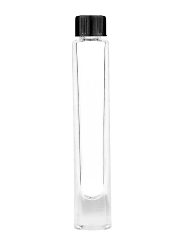 Tall cylinder design 9ml, 1/3oz Clear glass bottle with short black ridged cap.