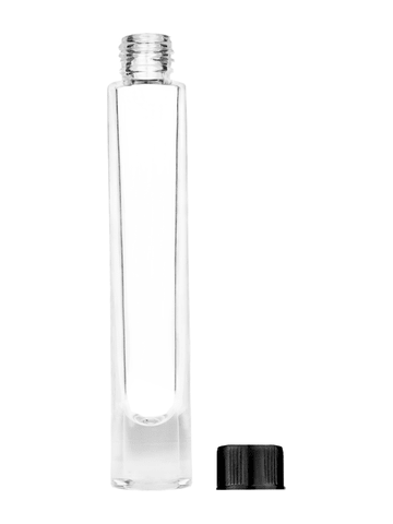 Tall cylinder design 9ml, 1/3oz Clear glass bottle with short black ridged cap.