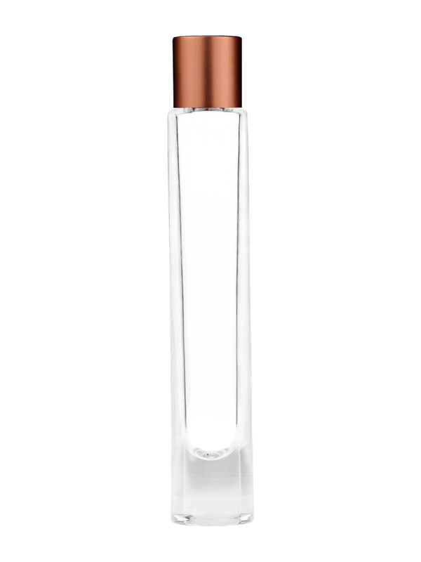 Empty Clear glass bottle with short matte copper cap capacity: 9ml, 1/3oz. For use with perfume or fragrance oil, essential oils, aromatic oils and aromatherapy.