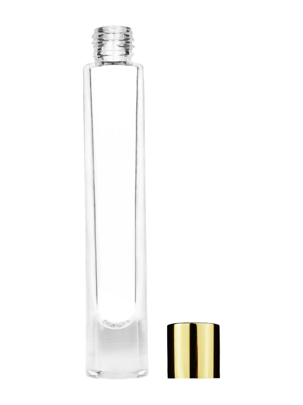 Empty Clear glass bottle with short shiny gold cap capacity: 9ml, 1/3oz. For use with perfume or fragrance oil, essential oils, aromatic oils and aromatherapy.