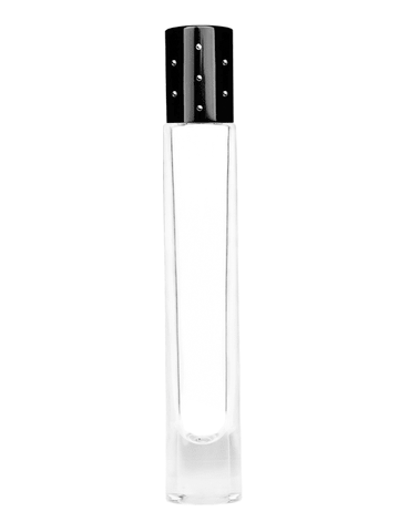 Tall cylinder design 9ml, 1/3oz Clear glass bottle with metal roller ball plug and black shiny cap with dots.