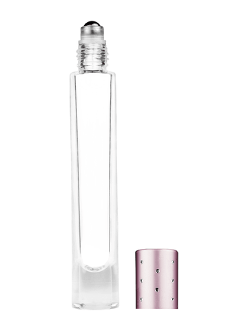 Tall cylinder design 9ml, 1/3oz Clear glass bottle with metal roller ball plug and pink cap with dots.