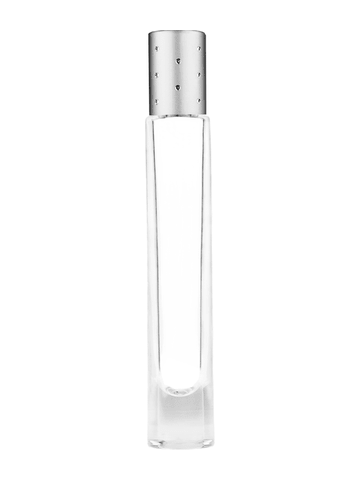 Tall cylinder design 9ml, 1/3oz Clear glass bottle with metal roller ball plug and silver cap with dots.