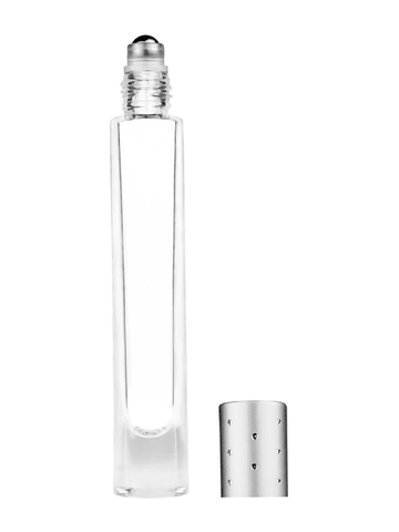 Tall cylinder design 9ml, 1/3oz Clear glass bottle with metal roller ball plug and silver cap with dots.