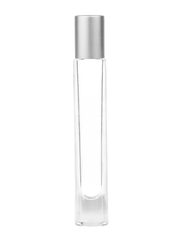 Tall cylinder design 9ml, 1/3oz Clear glass bottle with metal roller ball plug and matte silver cap.