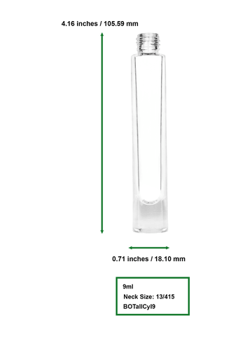 Tall cylinder design 9ml, 1/3oz Clear glass bottle with metal roller ball plug and matte silver cap.