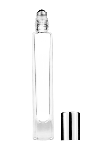 Tall cylinder design 9ml, 1/3oz Clear glass bottle with metal roller ball plug and shiny silver cap.