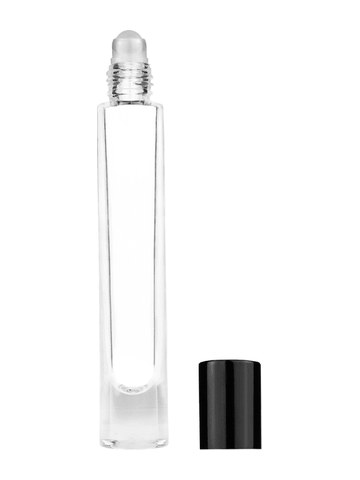 Tall cylinder design 9ml, 1/3oz Clear glass bottle with plastic roller ball plug and black shiny cap.