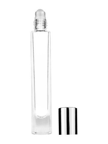 Tall cylinder design 9ml, 1/3oz Clear glass bottle with plastic roller ball plug and shiny silver cap.