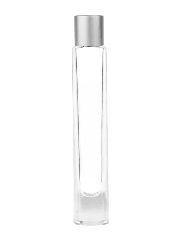 Empty Clear glass bottle with short matte silver cap capacity: 9ml, 1/3oz. For use with perfume or fragrance oil, essential oils, aromatic oils and aromatherapy.