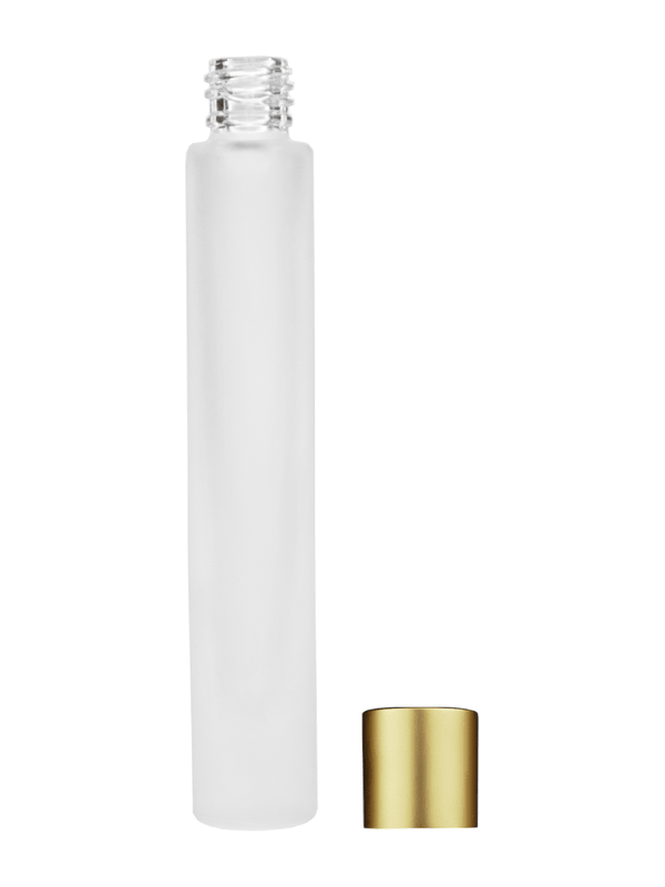 Empty frosted glass bottle with short matte gold cap capacity: 9ml, 1/3oz. For use with perfume or fragrance oil, essential oils, aromatic oils and aromatherapy.