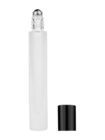 Tall cylinder design 9ml, 1/3oz frosted glass bottle with metal roller ball plug and black shiny cap.