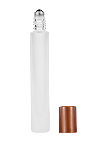 Tall cylinder design 9ml, 1/3oz frosted glass bottle with metal roller ball plug and matte copper cap.