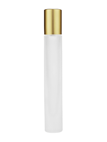 Tall cylinder design 9ml, 1/3oz frosted glass bottle with metal roller ball plug and matte gold cap.