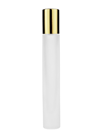 Tall cylinder design 9ml, 1/3oz frosted glass bottle with metal roller ball plug and shiny gold cap.