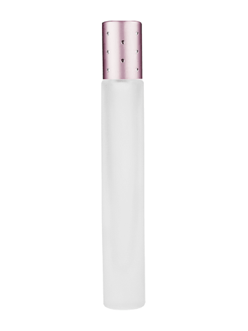 Tall cylinder design 9ml, 1/3oz frosted glass bottle with metal roller ball plug and pink cap with dots.